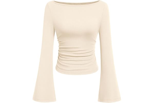 PRETTYGARDEN PRETTYGARDEN Womens Bell Long Sleeve Ribbed Knit Tops | Trendy Boat Neck Y2K Cropped Going Out To