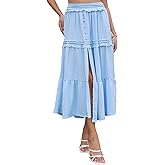 Dyneais Women Elastic Tie Waist Button Down Maxi Skirt Slit Front Boho Skirt with Pockets