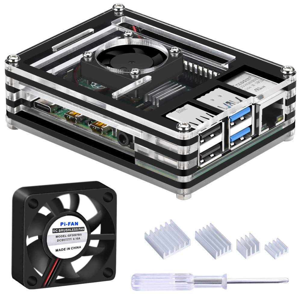 GeeekPi Acrylic Case for Raspberry Pi 4 Model B, with 30mm Fan and 4pcs Heatsinks for Raspberry Pi 4B (Only for Pi4) (Black and Clear)
