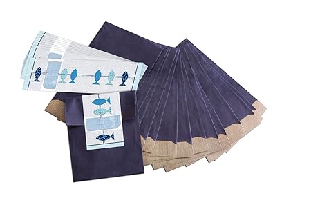25 kleine blaue Geschenktüten; Papiertüten (9,5 x 14 cm) mit beschreibbarem Aufkleber'3 blaue Fische'; für Taufe, Kommunion, 