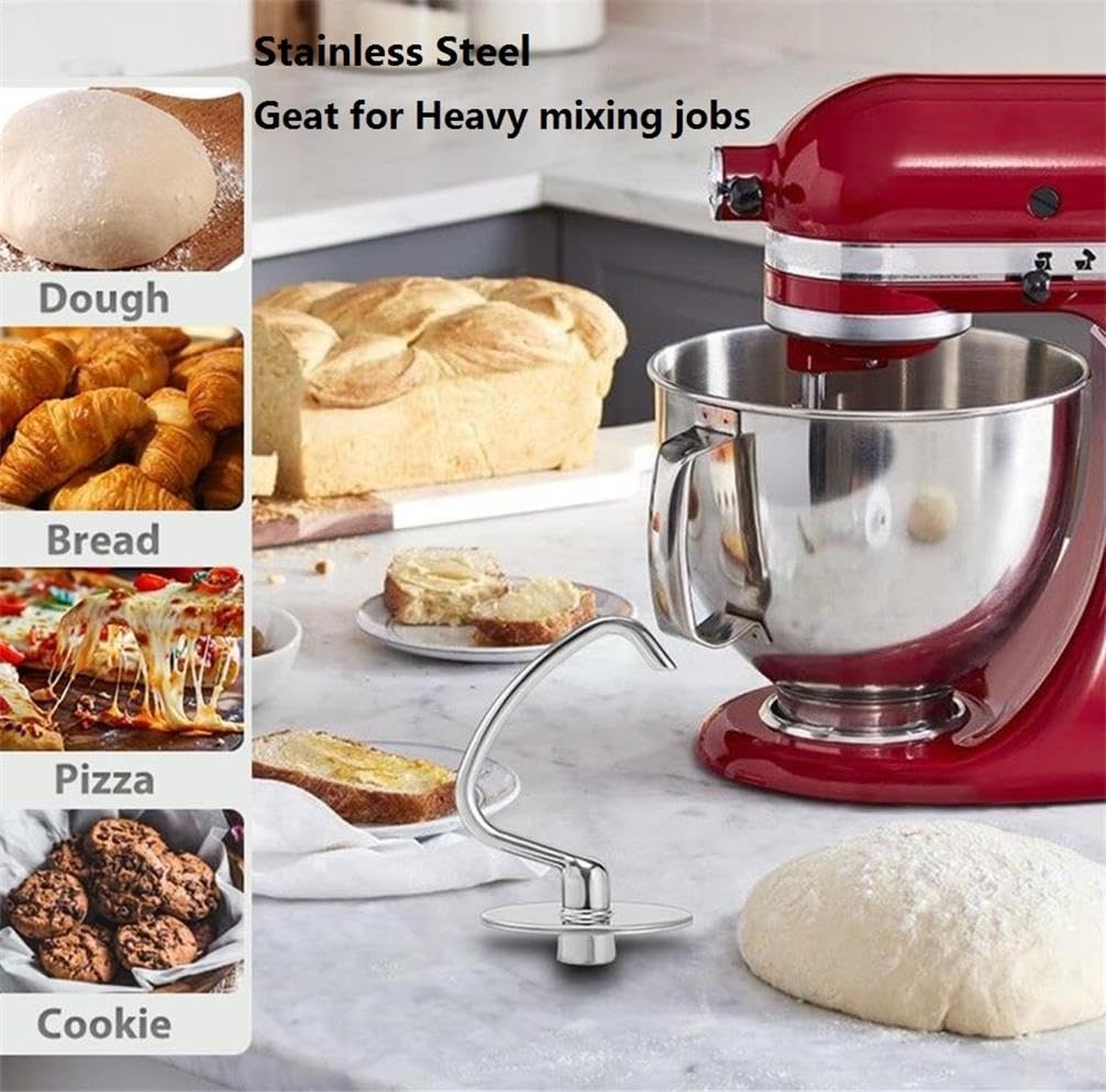 Dough Hook for KitchenAid Tilt-head and 4.5-5.0 Quart Mixers, Polished Stainless Steel Dishwasher Safe Kneading Attachment for Bread,Pasta, Pizza...