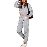 BTFBM Women 2 Piece Outfits Long Sleeve Crop Top Pullover Drawstring Pant Jogger Set Casual Sweatsuits Tracksuit Pockets