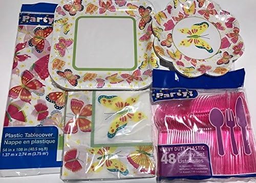Spring Fling Party Supplies Kit Paper Plates, Napkins, Cutlery &amp; Tablecloth, (Butterfly)