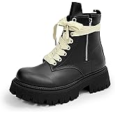 Psieicwm Men's Leather Lace Up Ankle Combat Boots With Side Zipper Chunky Heel Round Toe Lug Sole Soft Lightweight Footwear Streetwear Casual Outfits Daily Walks Urban Fashion