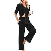 Kikibell Womens Pajama Sets 2 Piece Outfits Lounge Pjs Waffle Knit Sleepwear Button Down Shirts Wide Leg Pants with Pockets