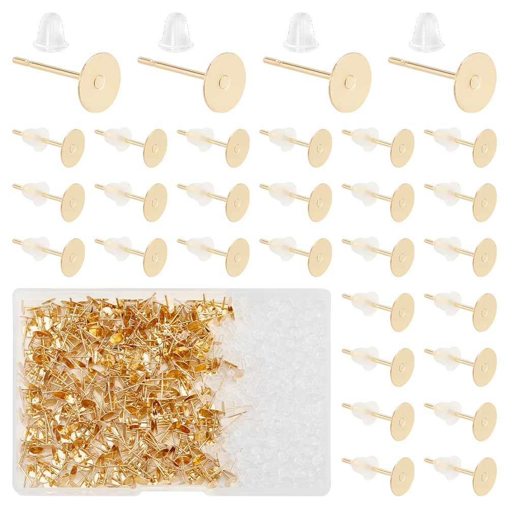 UNICRAFTALE About 500pcs Flat Pad Ear Stud Post Golden Stud Earring Findings with 500pcs Plastic Ear Nuts 304 Stainless Steel Earring Metal Ear Studs for DIY Earrings Jewelry Making