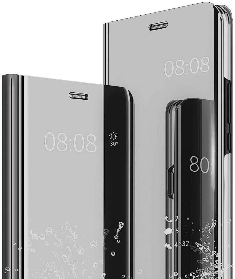 Mirror Case for Samsung Galaxy A50 Cover Slim Flip Stand Translucent Clear View Electroplate Full Body Protective (A50, Silver)