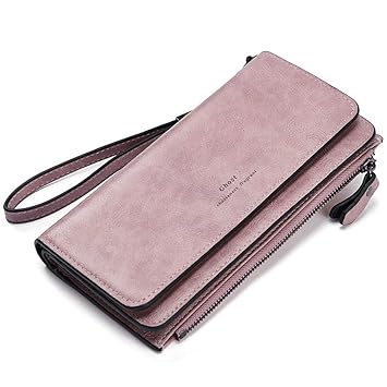 Geldbörse Damen Ölwachs PU Leder Lang Clutch Portemonnaie Frauen viele Kartenfächer Veranstalter rosa