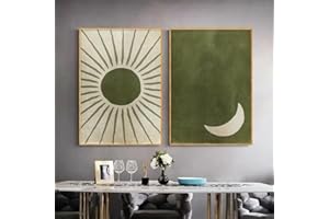 2pcs Olive Green Abstract Boho Sun and Moon Canvas Wall Art Set - Print Painting, Frameless Polyester for Living Room & Bedro