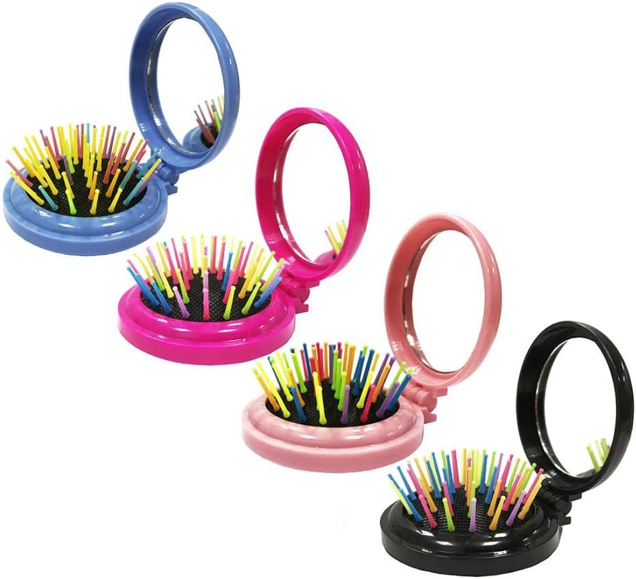 LOUISE MAELYS Travel Folding Hair Comb with Mirror Pocket Rainbow Hair Brush, 4 pcs Mix Color Gift Idea