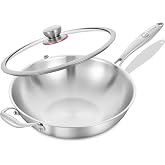 LOLYKITCH 13-Inch Stainless Steel Wok with Glass Lid | Detachable Handle | Uncoated Tri-Ply Stir Fry Pan | Everyday Cooking Wok for Induction &amp; Glass| Flat Bottom | SGS Certified Cookware | PFOA-FREE