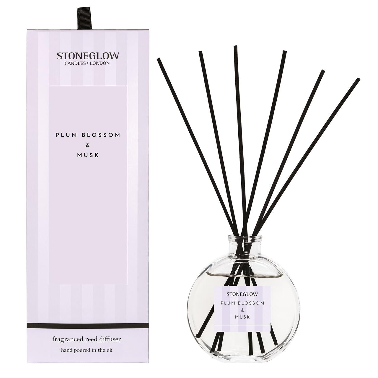 Stoneglow Modern Classics Plum Blossom & Musk Scented Reed Diffuser 120ml with Pear, Melon & Freesia, 12 Rattan Reed Diffuser Sticks, Lasts 10 Weeks, Refillable Home Fragrance
