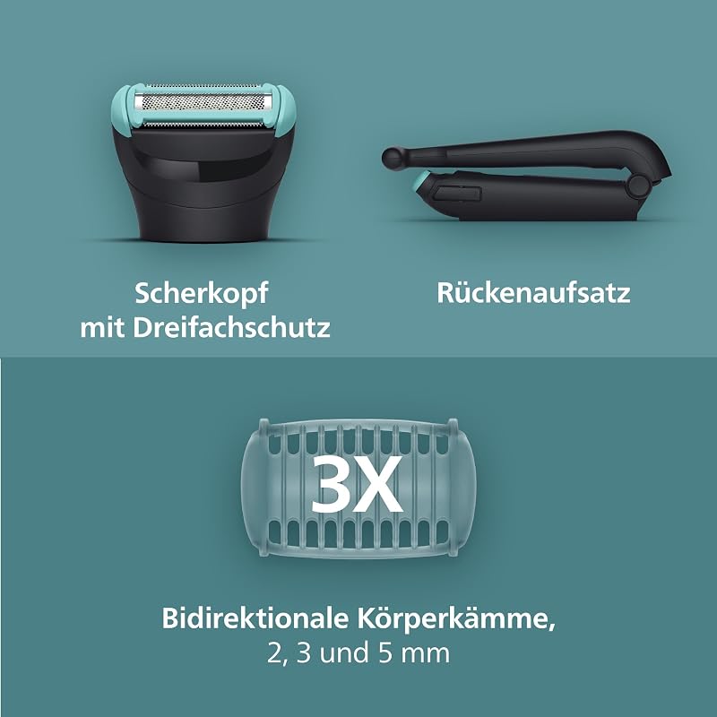 Bodygroom 5000 für Herren – mit Dreifachschutz-Rasiersystem, elektrisch trimmen und rasieren im Intimbereich, klappbarer Rückenaufsatz, 100% duschfest, 100 Min. Laufzeit, Modell BG5480/15