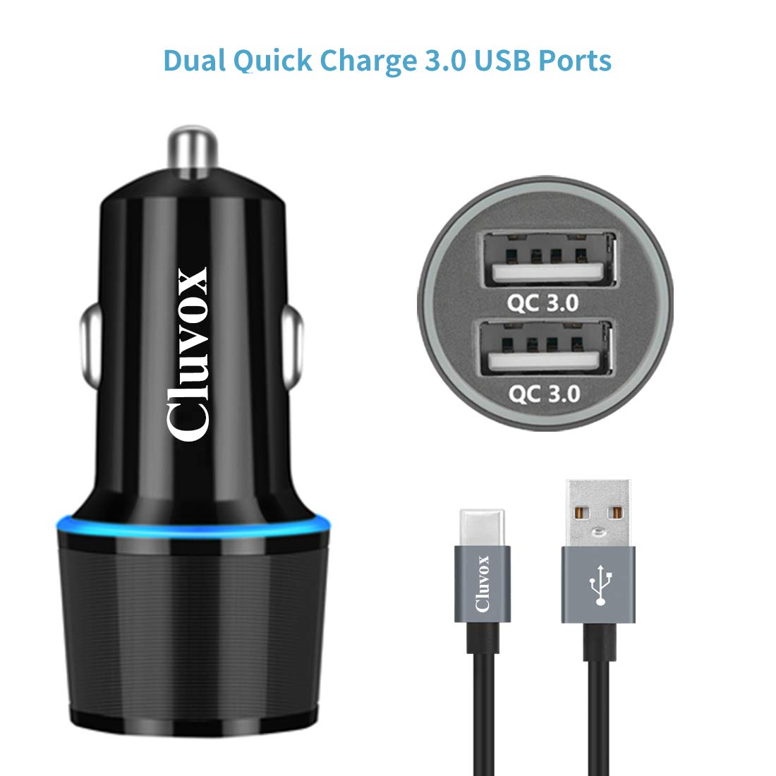 Fast USB Car Charger for Samsung Galaxy A55/A54/A53/A50/A15/A14/S25/S24/S23/S22/S21 Plus/Ultra/S10/S9/S8/Note 20/A10S/A21/A31/A51 Quick Charge 3.0 Dual USB Rapid Car Charger with Type C Cable 3.3ft