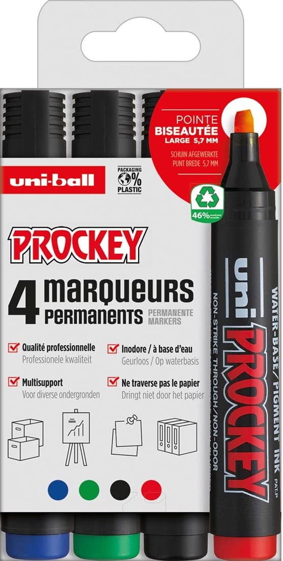 Faber-Castell Uni Prockey 159004 Permanent Markers Chisel Tip 3 to 6 mm Pack of 4 Black / Green / Red / Blue