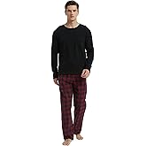 GLOBAL Men’s Flannel Pajama Set 100% Cotton Pijamas Elastic and Drawstring Bottoms and Crew Neck Tops Light Blue Plaids