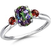 Gem Stone King 10K White Gold Green Mystic Topaz and Red Garnet 3-Stone Ring For Women | 1.88 Cttw | Oval 8X6MM | Gemstone November Birthstone