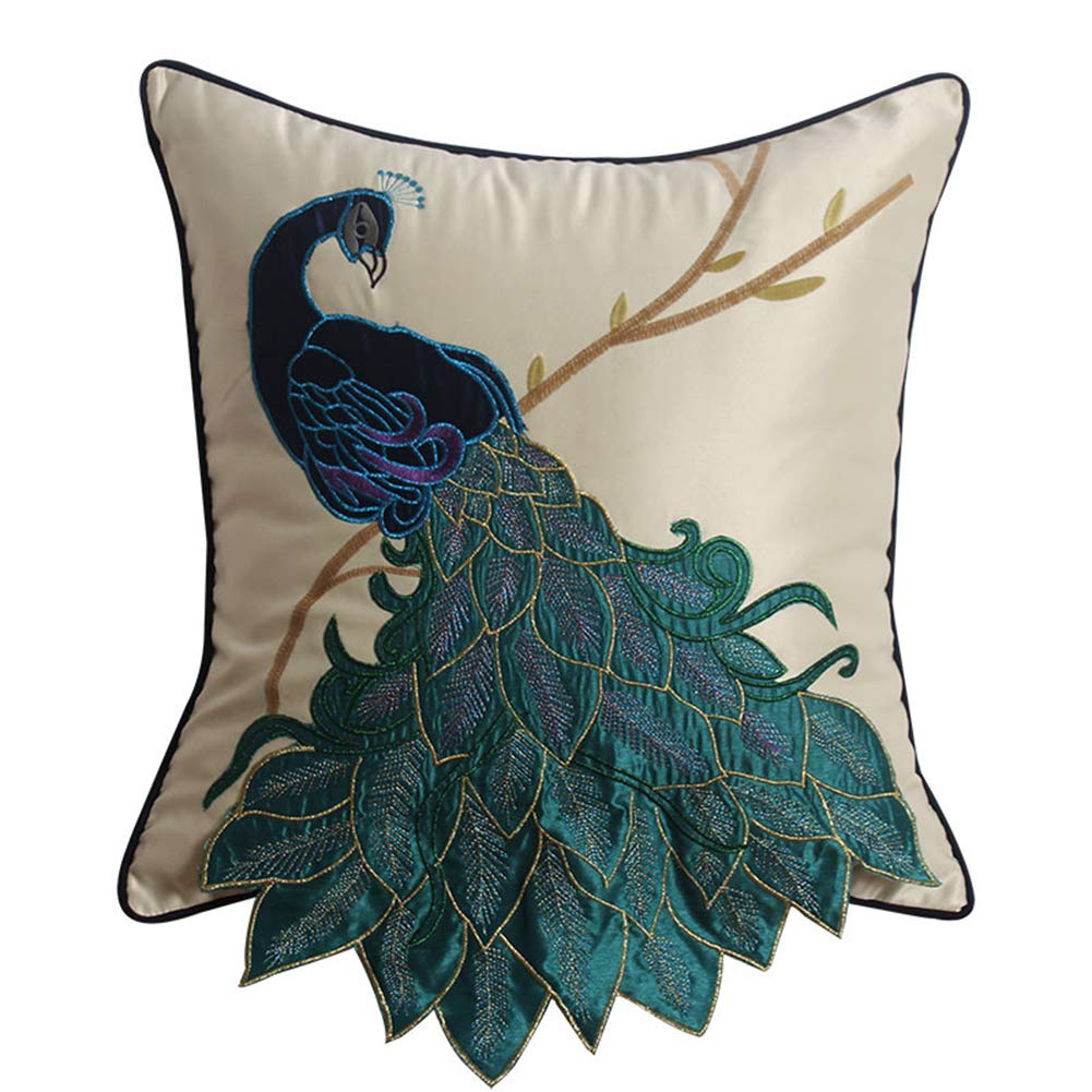Photo 1 of vctops Embroidered Peacock Decorative Throw Pillow Case Silky Satin Cushion Cover Peacock 1 18"X18"