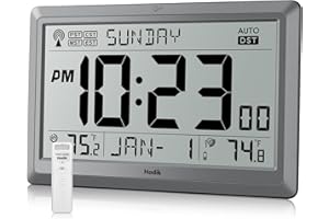 HODIK Wall Clock Atomic with Indoor Outdoor Temperature Battery Powered, Easy Reading with 10.5 Inch Large LCD Display, 330FT Range Table Wall Clock With DST, 12/24 Hour for Living Room Kitchen (Silver)