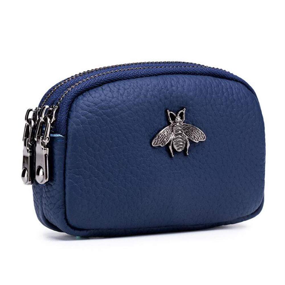 AprinCtempsD Ladies Genuine Leather Small Coin Purse Womens Mini Wallet Pouch Credit Card Holder with Double Zip (Blue)