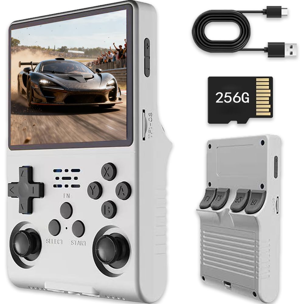 R40s pro Retro Handheld Game Console, 3.5" IPS Screen Portable Video Game Console ,Built in 256G Card & 30000 Games,Open Source Linux System (White)