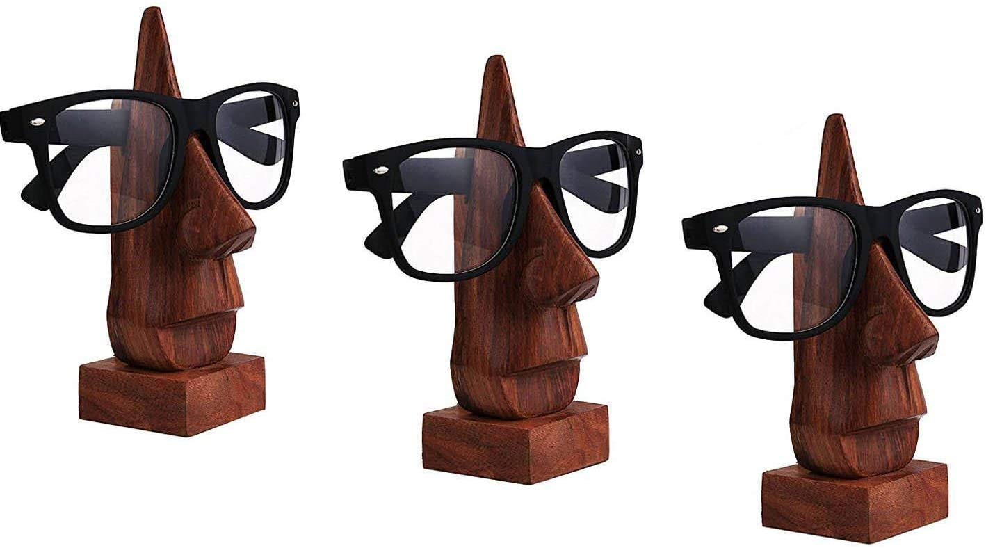 WhopperIndia Set of 3 Handmade Wooden Spectacle Holder Eye wear Retainer Holder Nose Shape Eyeglass Holder Stand Gift for Men and Women