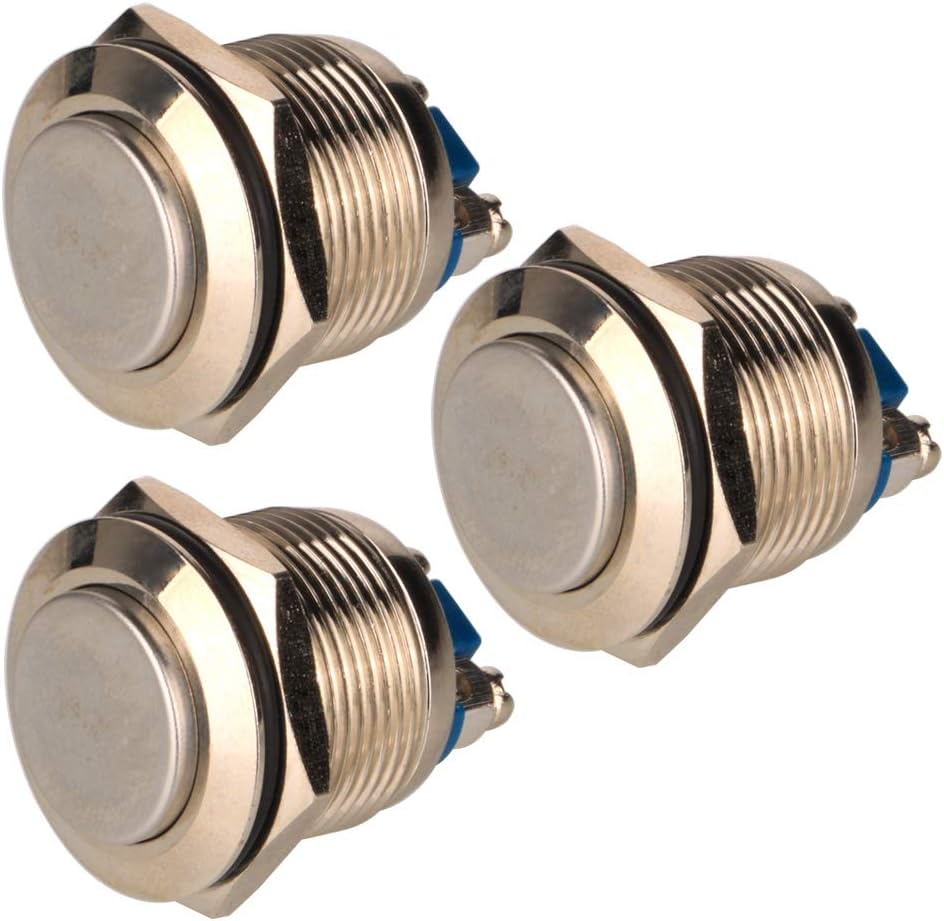 Gebildet 3pcs 19mm Momentary Push Button Screw Type Terminals Stainless Steel Metal Waterproof Button 5A 12V/24V/125V/250VAC with 2 Screw Terminals Stainless Steel(High Head)