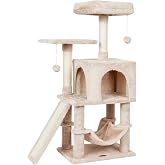 Cut Cat Tree Cat Tower Condo with Hammock Kittens Scratching Post Beige | MIAO PAW Cat Bed For Indoor Modern Activity Tree for small Cat with Board Hanging Ball Play House
