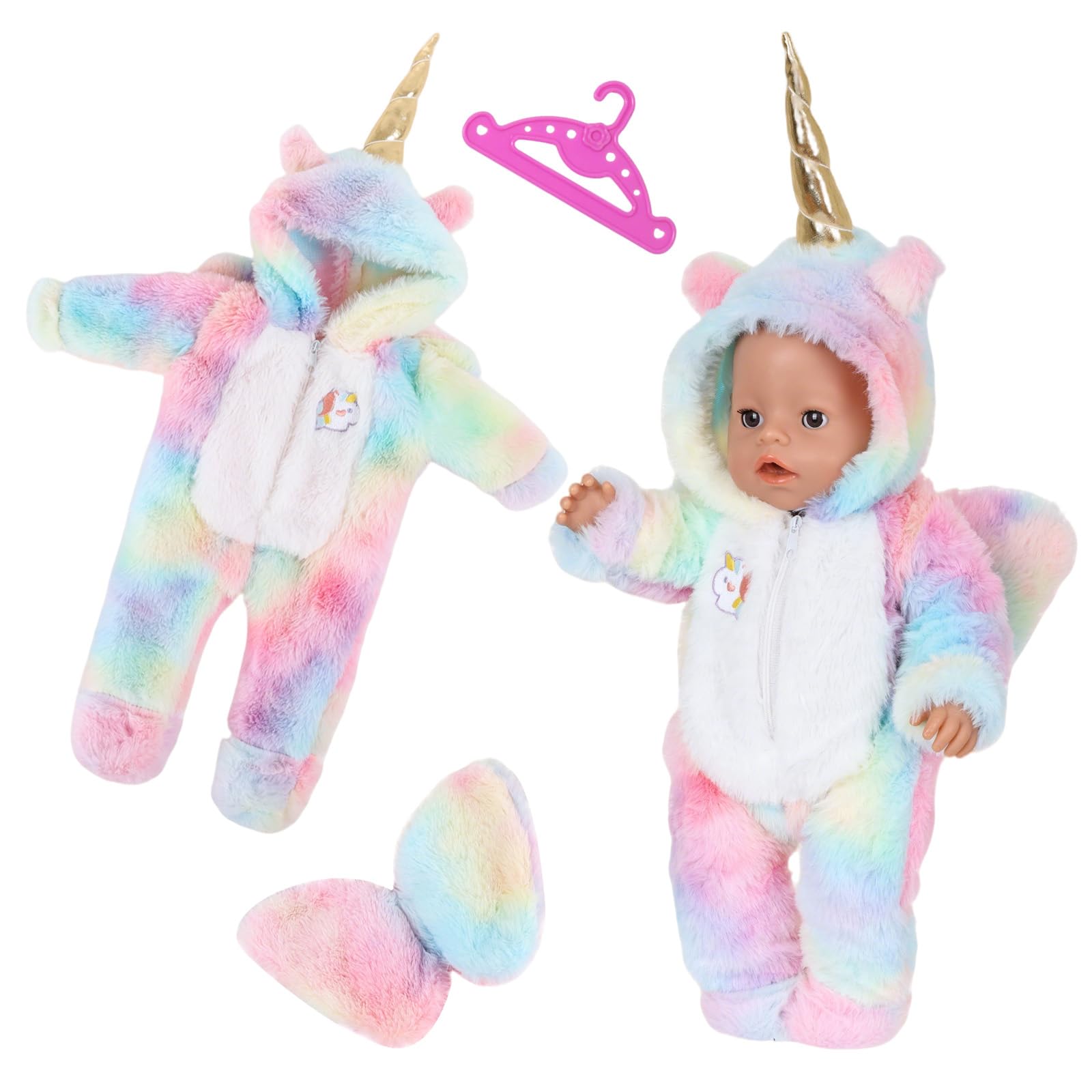 Doll Clothes for 14-17 Inch Baby Dolls, Colorful Pony Plush Bodysuit Outfits With Ears, Wing, Hat and Hanger, Doll Clothes for 43 cm New Born Baby Dolls Girls Winter Birthday Gift(No Doll)
