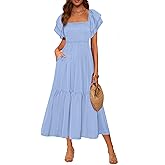 MASCOMODA Womens Summer Casual Midi Dress Square Neck Ruffle Short Sleeve Smocked High Waist A Line Wedding Guest Dresses