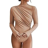 SweatyRocks Women's Bodysuit Mock Neck Casual Ruched Long Sleeve Jumpsuit