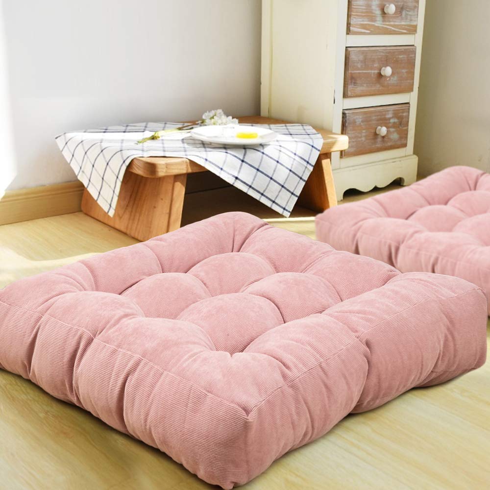 HIGOGOGO Floor Pillow, Square Meditation Pillow for Seating on Floor Solid Thick Tufted Seat Cushion Meditation Cushion for Yoga Living Room Sofa Balcony Outdoor, Pink, 50x50 cm