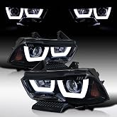 Autozensation Headlights For 2011-2014 Dodge Charger Black Left+Right | Fits 2011-2014 Dodge Charger Glossy Black Housing Smoke Lens Projector Headlights with Dual Halo &amp; LED Daytime Lights