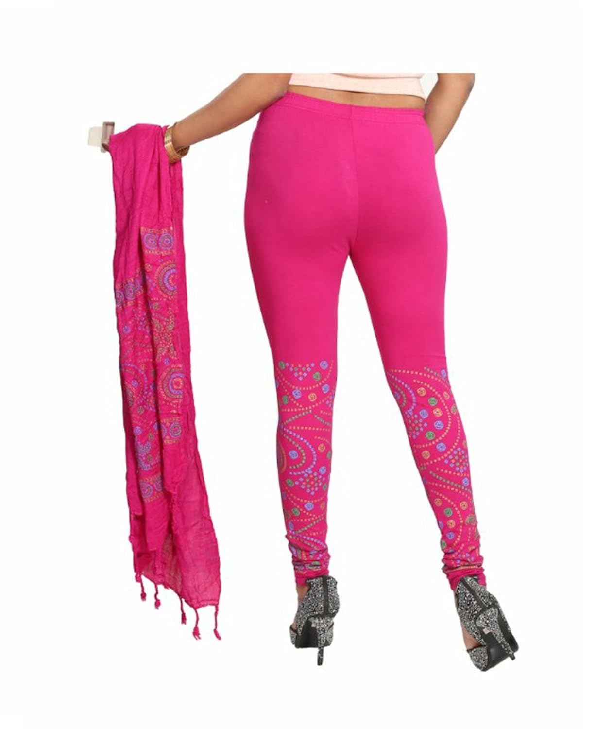 d'zires moniba women's cotton lycra block bandhni print leggings dupatta set