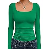 Trendy Queen Womens Long Sleeve Shirts Crop Tops Fall Fashion Solid Square Neck Going Out Basics Tees Y2k Clothes
