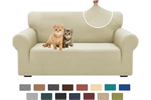 XINEAGE Newest 1 Piece Couch Covers for 2 Cushion Stretch Loveseat Slipcovers High Stretch Jacquard Sofa Slipcover for Living Room Pets Dogs Loveseat Furniture Protector (Loveseat, Light Beige)