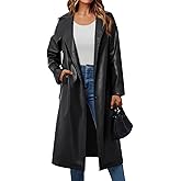 Trendy Queen Womens Long Lapel Faux Leather Jackets Trench Dress Coat Blazer Three Breasted Open Front Peacoat with Belt