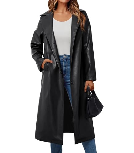 SEMATOMALA Women's Black Faux Leather Long Coat PU Leather Notched