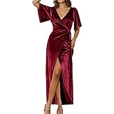 BerryGo Women's Velvet V Neck Wrap Fall Maxi Dress Formal Bell Sleeve Bridesmaid Cocktail Party Long Dresses