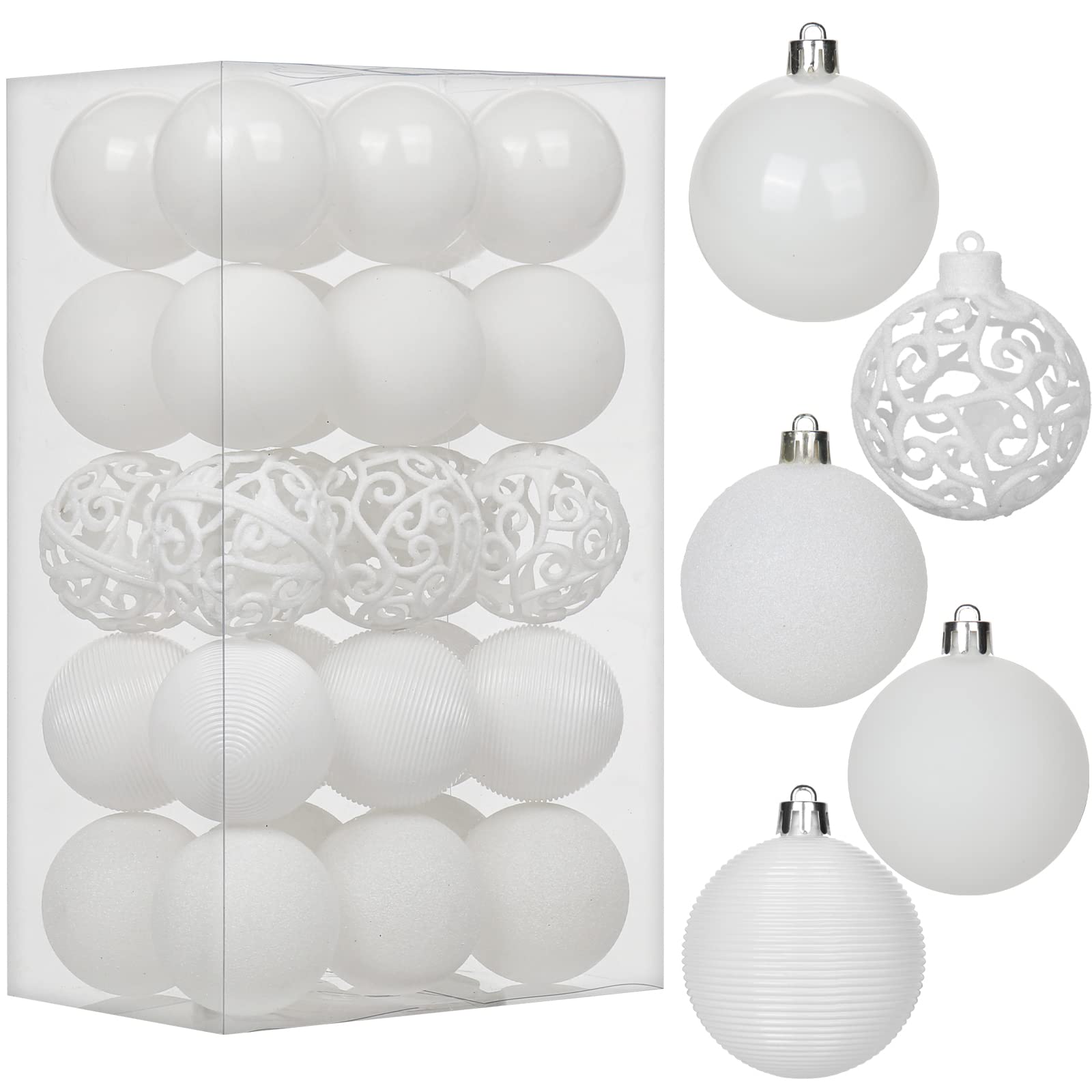 30 pcs Christmas Baubles Xmas Ball Ornaments with Strings, 60mm/2.4" White Shatterproof Plastic Hanging Decorations, Christmas Tree Pendants for Home Party Wedding Holiday