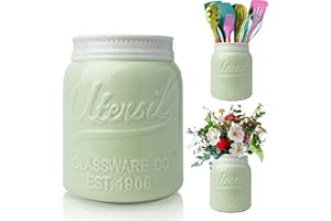 Comfify Wide Mouth Mason Jar Utensil Holder Decorative Kitchenware Organizer Crock, Chip Resistant Ceramic, Dishwasher Safe - Kitchen Caddy Green, Large Size 7" High
