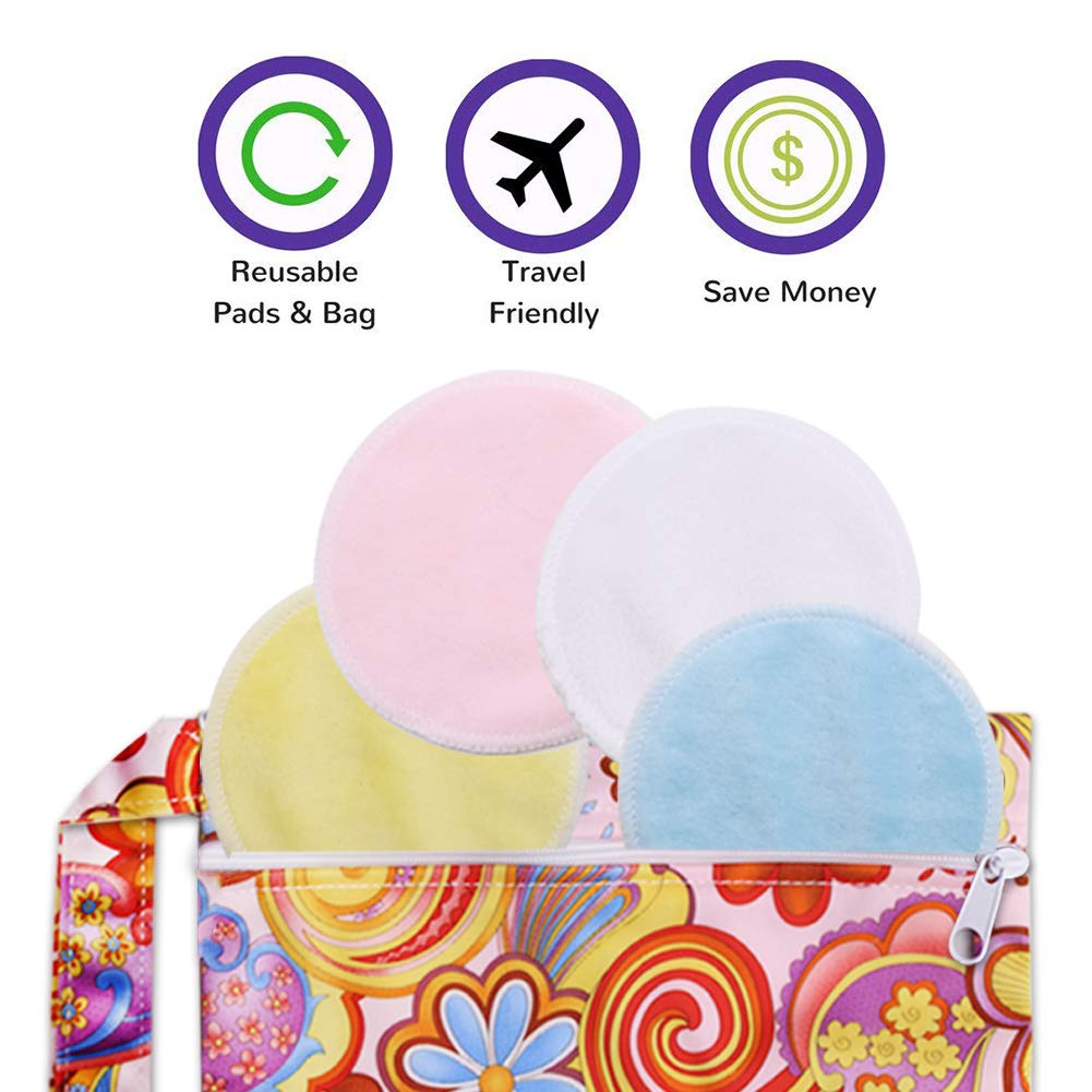 Makeup Remover Pads, 14 Pack Reusable Bamboo Soft Face Clean Pads Facial Skin Care Wash Cleansing Pads with Laundry Bag and Cosmetic Bag, Assorted Colors