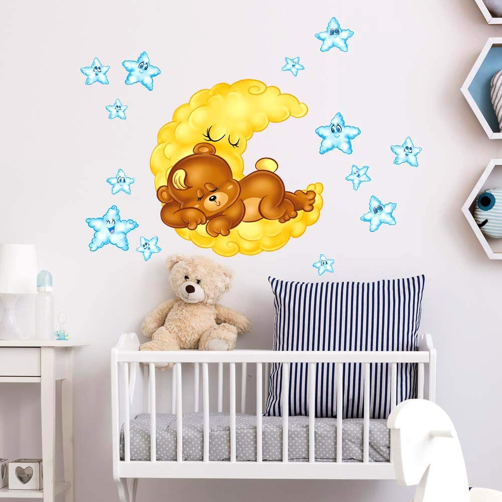kina - R00552 Wall Stickers, Bear Stars Moon Wall Decoration Children's Bedroom Nursery Nest Bedroom