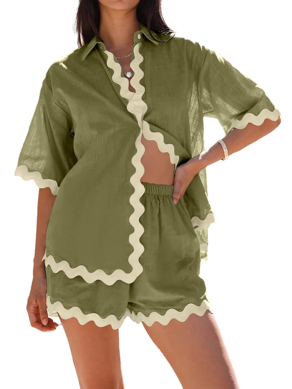 Photo 1 of (MED/LARGE) (USED/FAIR) Danedvi Womens 2 Piece Outfits Beach Vacation Summer Short Sleeve Button Down Shirts and Shorts Lounge Sets