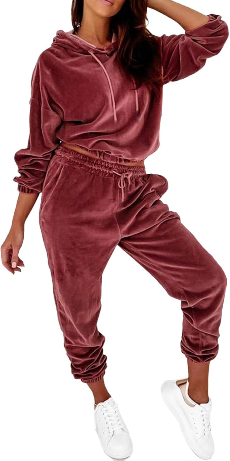 Buy Meenew Women Velour 2 Piece Outfits Hooded Sweatsuit Drawstring