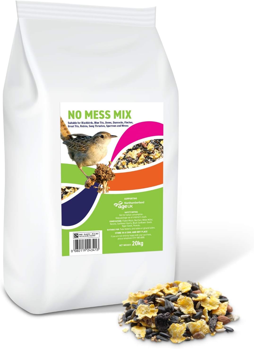 Age UK Natural Bird Seeds for Wild Birds - No Mess Bird Seed Mix - 20kg Premium Bird Seeds - Supporting Northumberland Charity - Garden Bird Food