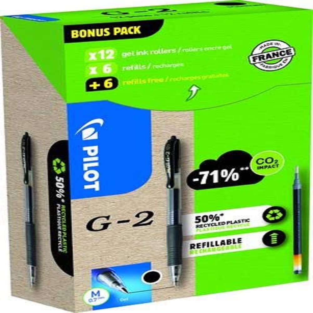 Pilot Greenpack G-2 Gel, 0.7mm, Black, 12 Pens and 12 Refills, (WLT556176)