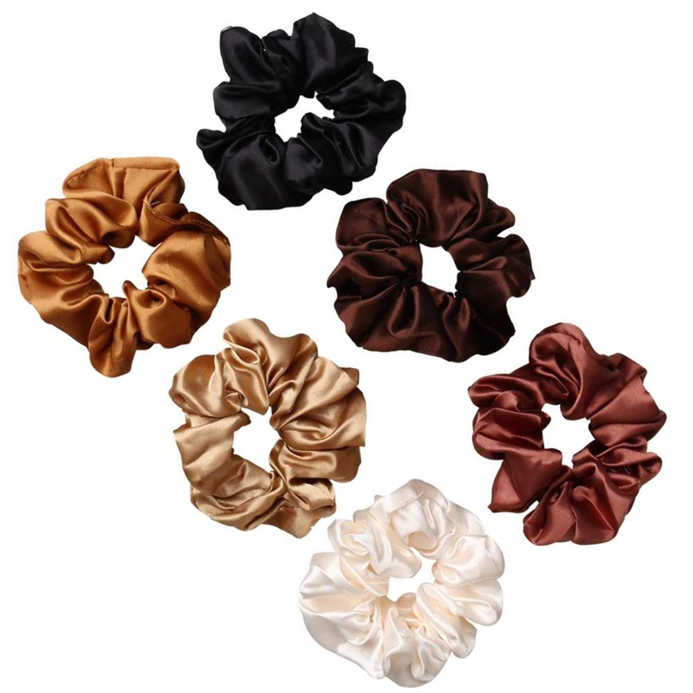 YAshunbeiYL 6 Pcs Hair Scrunchies - Satin Elastic Soft Hair Ties - Scrunchy Hair Bands for Girls & Ladies - Black, Brown, Maroon, White, Beige