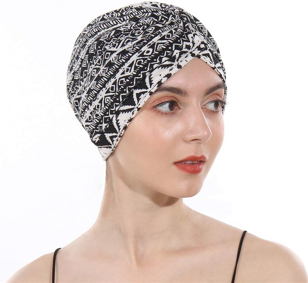 DuoZanWomen’s Cotton Turban Elastic Beanie Printing Sleep Bonnet Chemo Cap Hair Loss Hat