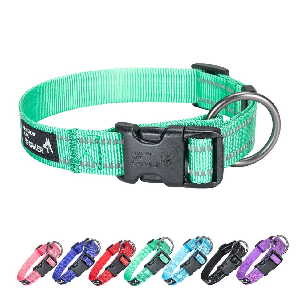 EXCELLENT ELITE SPANKER Reflective Dog Collar Classic Breathable Nylon Adjustable Pet Collar with Quick Release Buckle for Boy Girl Male Female Puppies Small Medium Large Dogs Training(GRN-M)